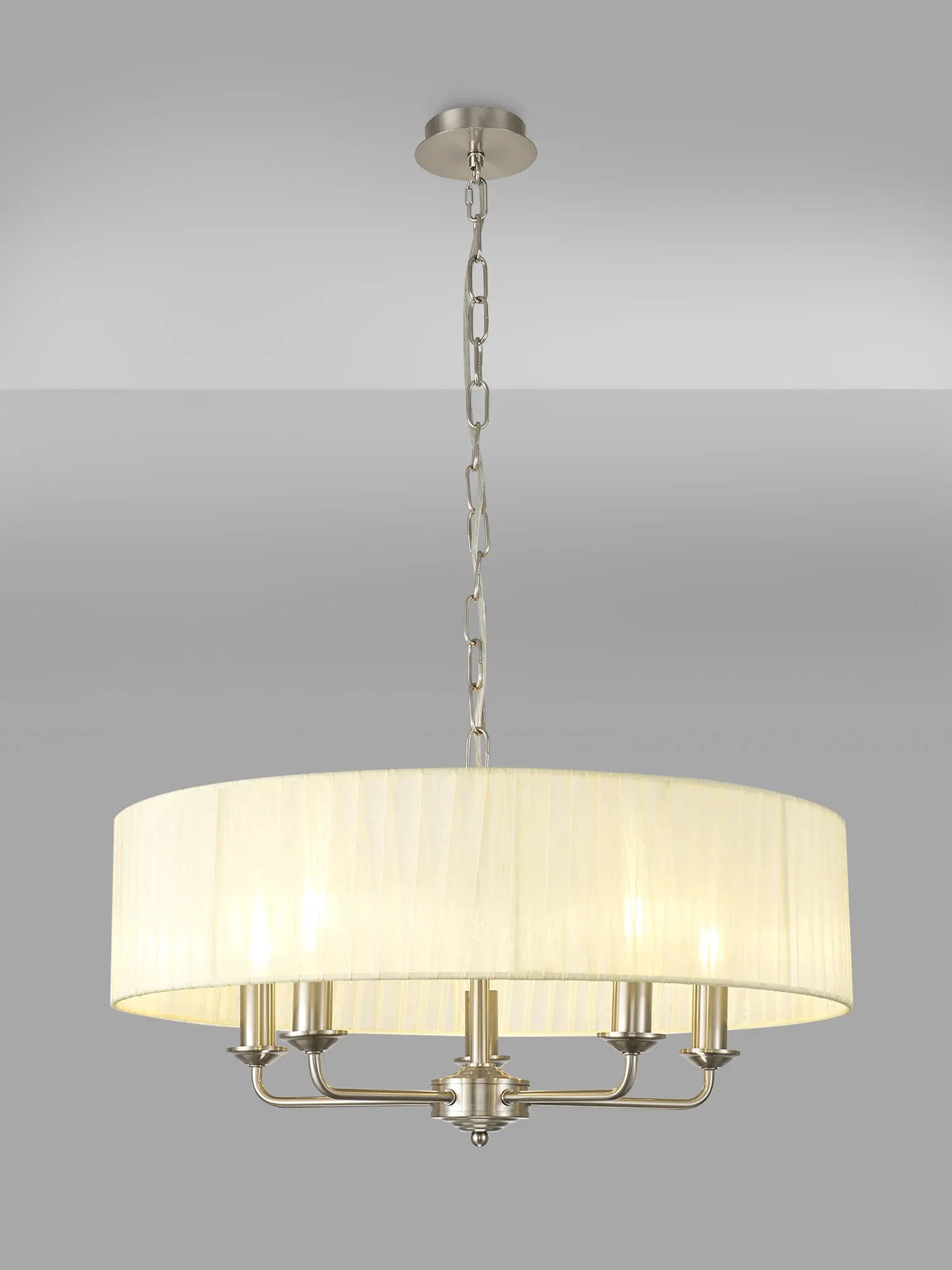Banyan 5 Light Multi Arm Pendant With 60cm x 15cm Organza Shade Satin Nickel/Cream DK0874  Deco Banyan SN CR